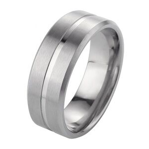 Stainless Steel Brushed Band Ring - Polished Center Stripe Comfort Fit